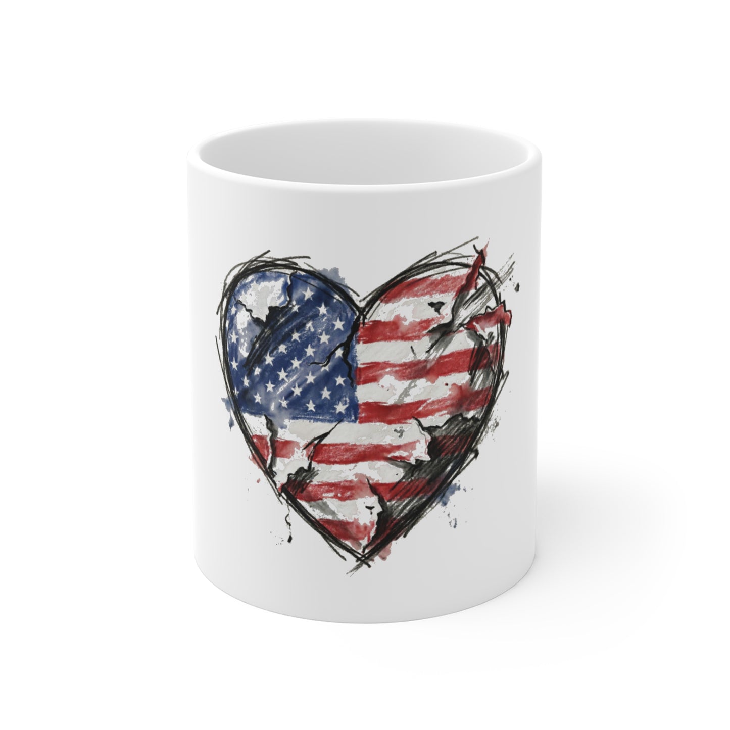 Distressed American Flag Heart Coffee Mug – Patriotic Love USA Mug – Grunge USA Flag Cup – Fourth of July Gift Mug 11oz