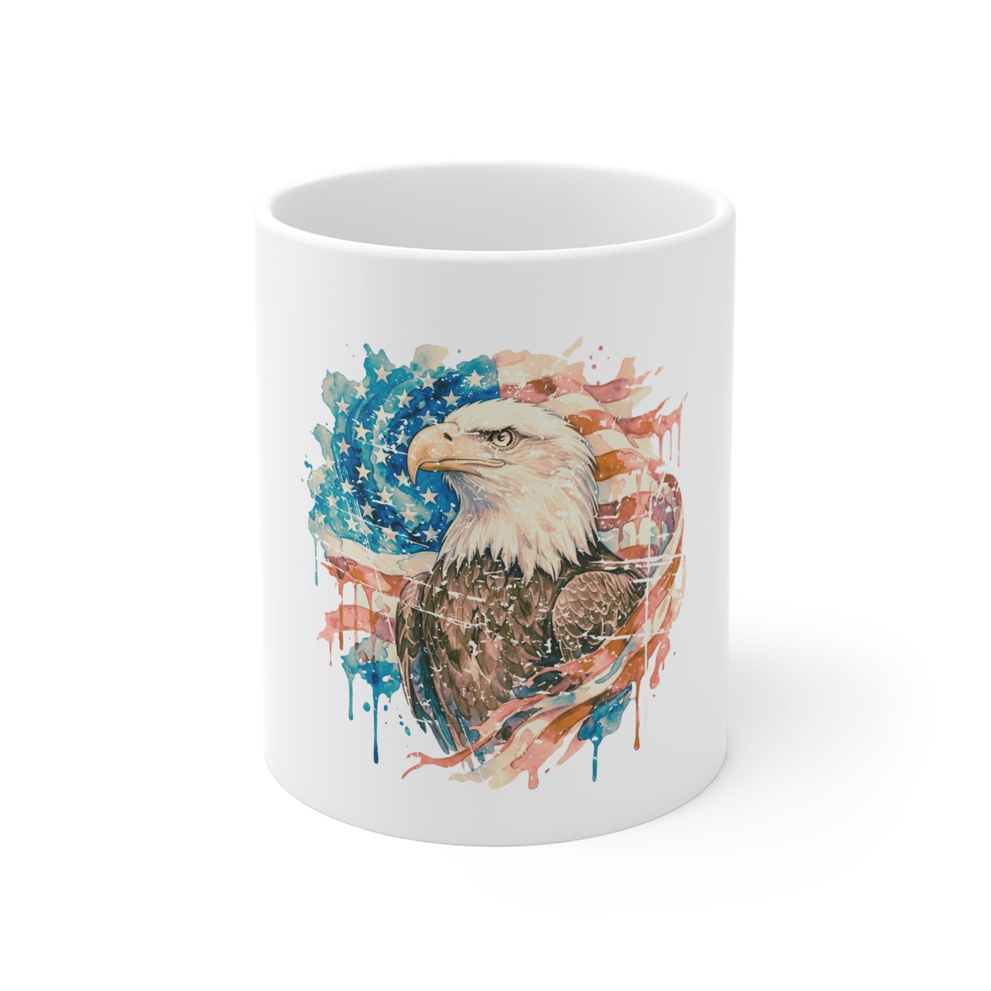 11oz Patriotic Eagle Coffee Mug — American Flag Watercolor Design