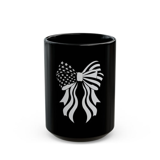Patriotic Bow Coffee Mug – American Flag Ribbon Mug – USA Stars and Stripes Bow Cup – Cute Americana Gift Mug Black Mug (11oz, 15oz)