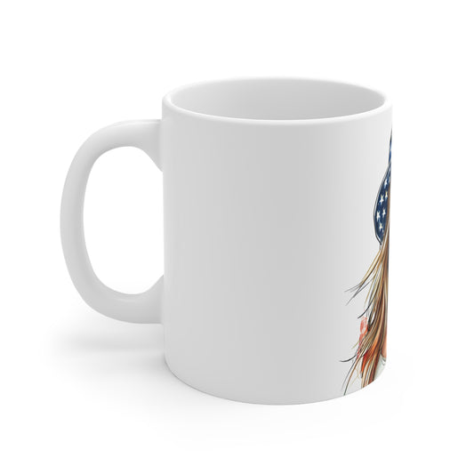 Patriotic Americana Glam Coffee Mug – USA Flag Hat Woman Mug – Bold Portrait Art Cup – Premium 4th of July Gift Mug 11oz