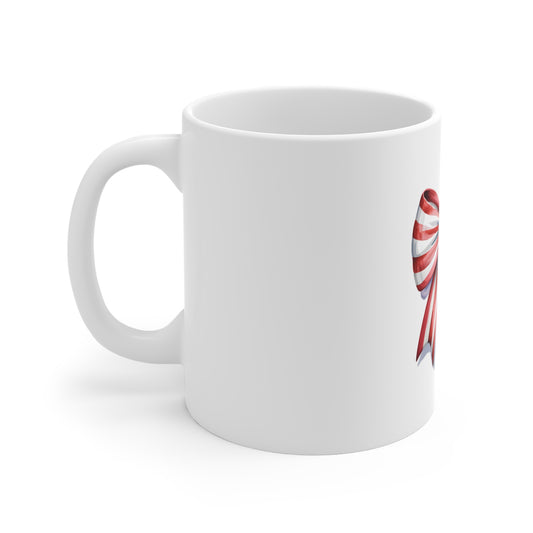 American Flag Bow Mug — Patriotic 11oz Coffee Cup for 4th of July & Veterans Day
