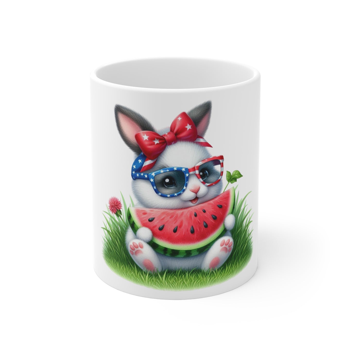Patriotic Bunny Coffee Mug – Cute American Bunny Mug – Watermelon Summer USA Mug – Red White Blue Rabbit Cup 11oz