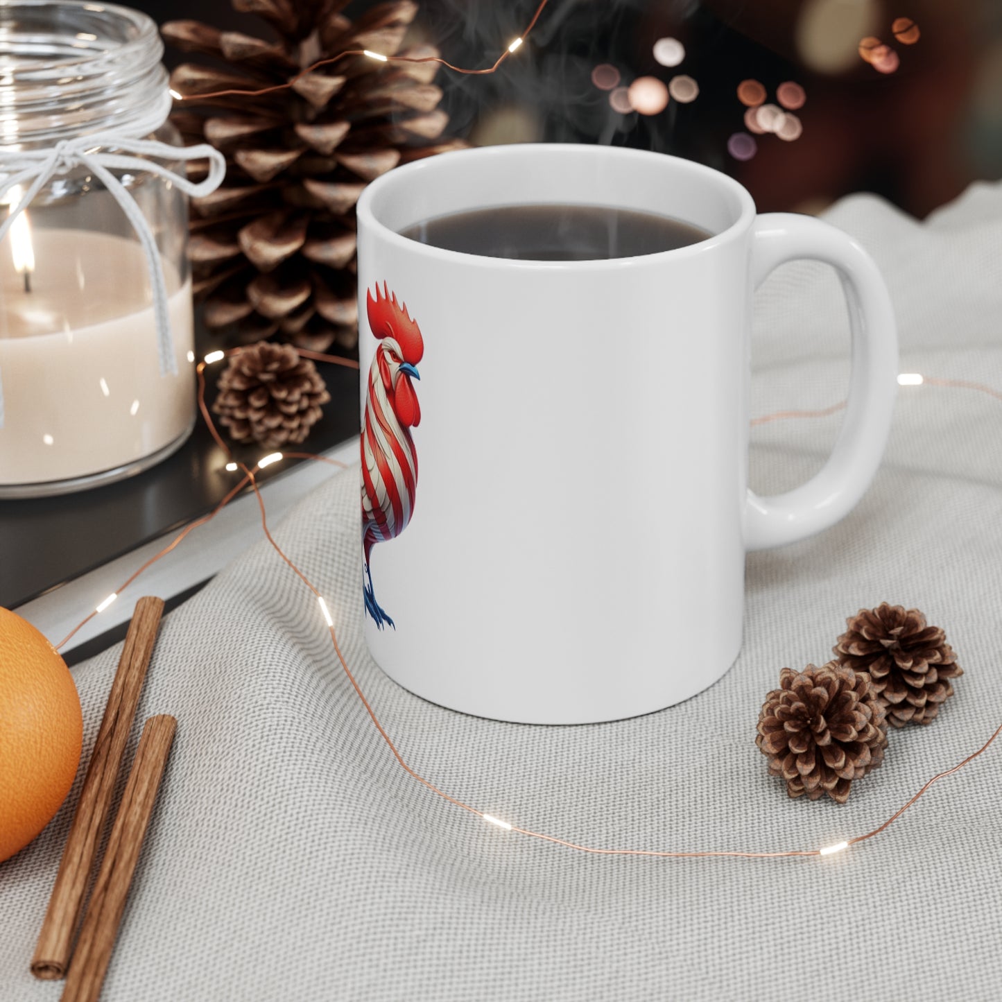 Patriotic Rooster Coffee Mug – American Flag Stylized Rooster – Red White Blue Elegant Chicken Mug – USA Pride Gift American Flag Rooster Mug — Patriotic 11oz Coffee Cup