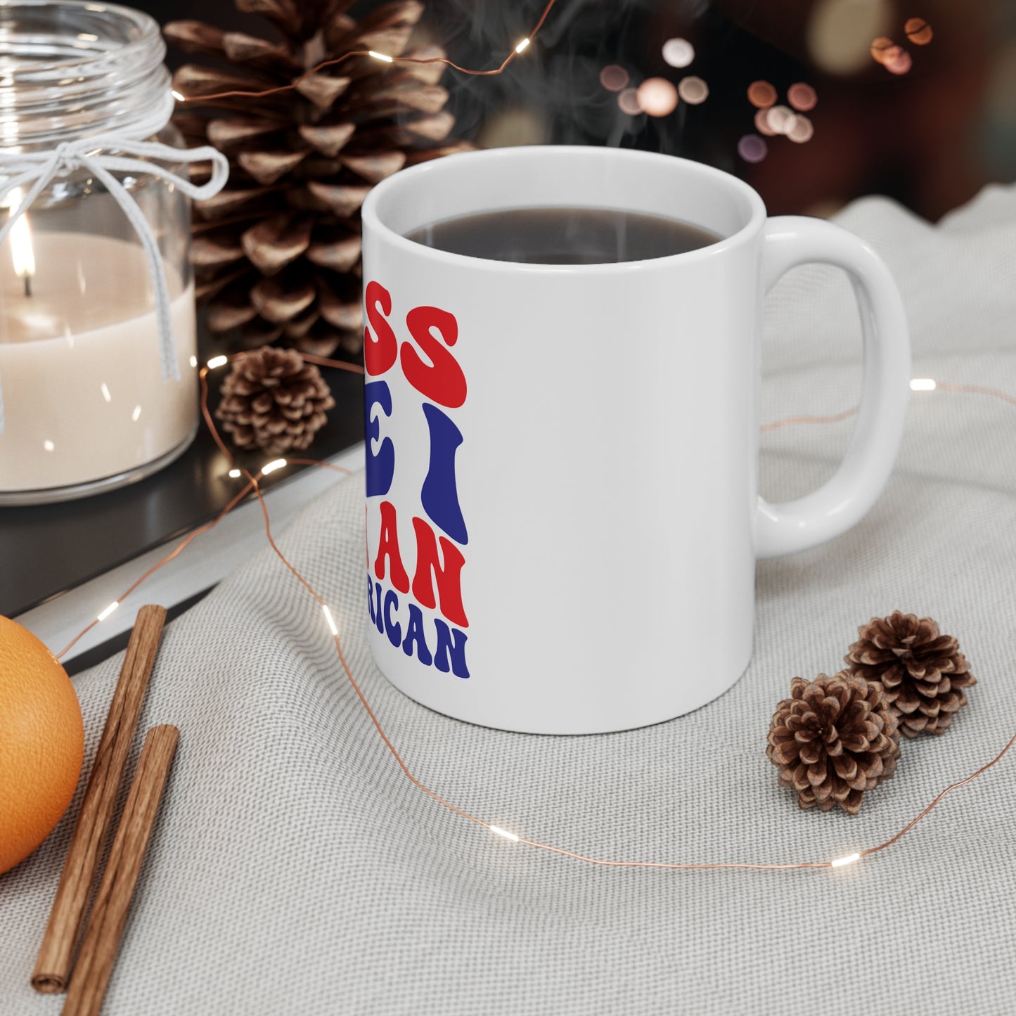 Kiss Me I’m an American Coffee Mug – Funny Patriotic Mug – Retro 4th of July Mug – Bold Americana Statement Cup Mug 11oz