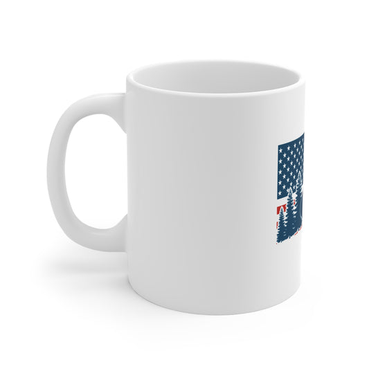 American Camper Mug — RV Trailer & Flag Coffee Cup (11oz)