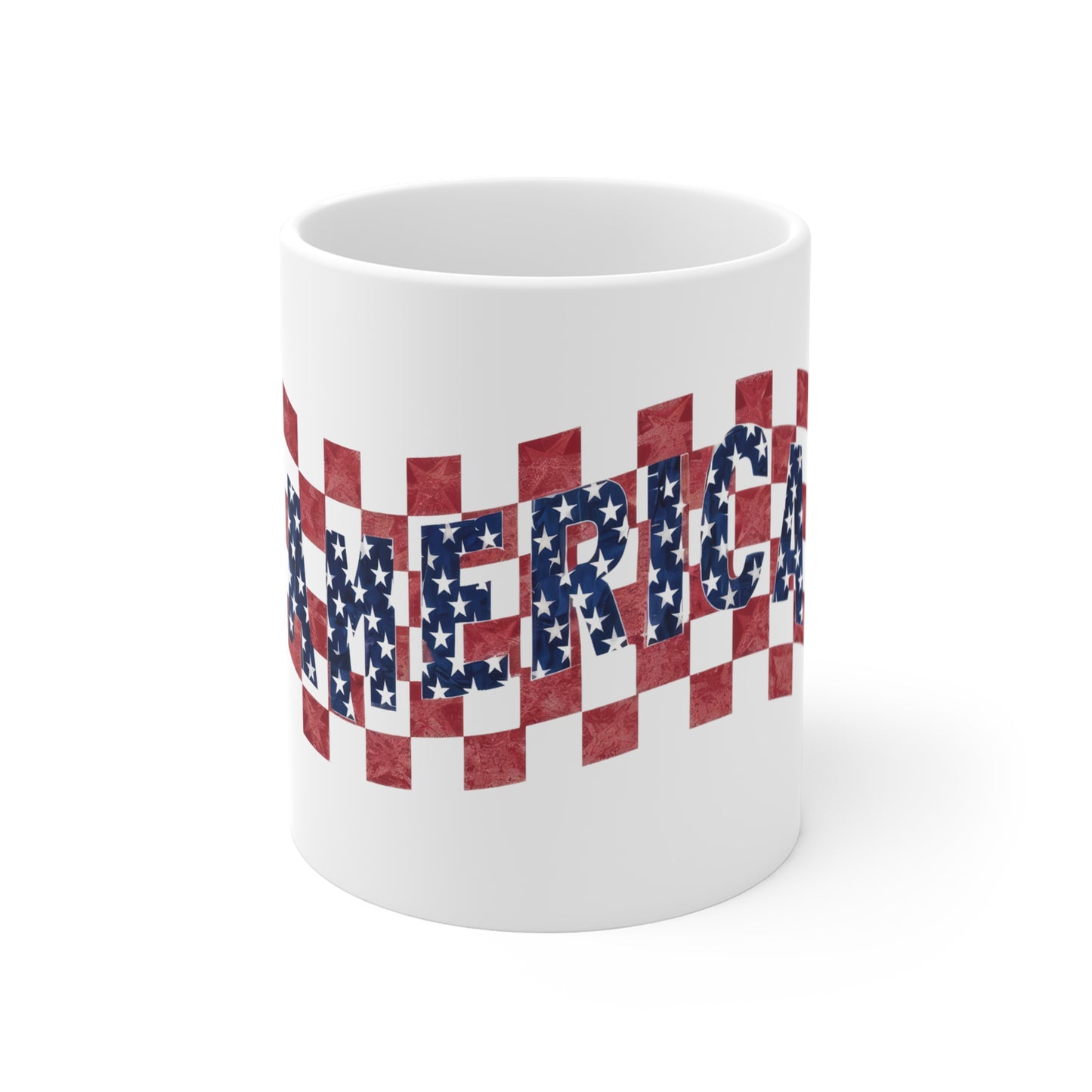 American Flag Pattern Mug — "AMERICAN" Checkerboard Stars & Stripes 11oz
