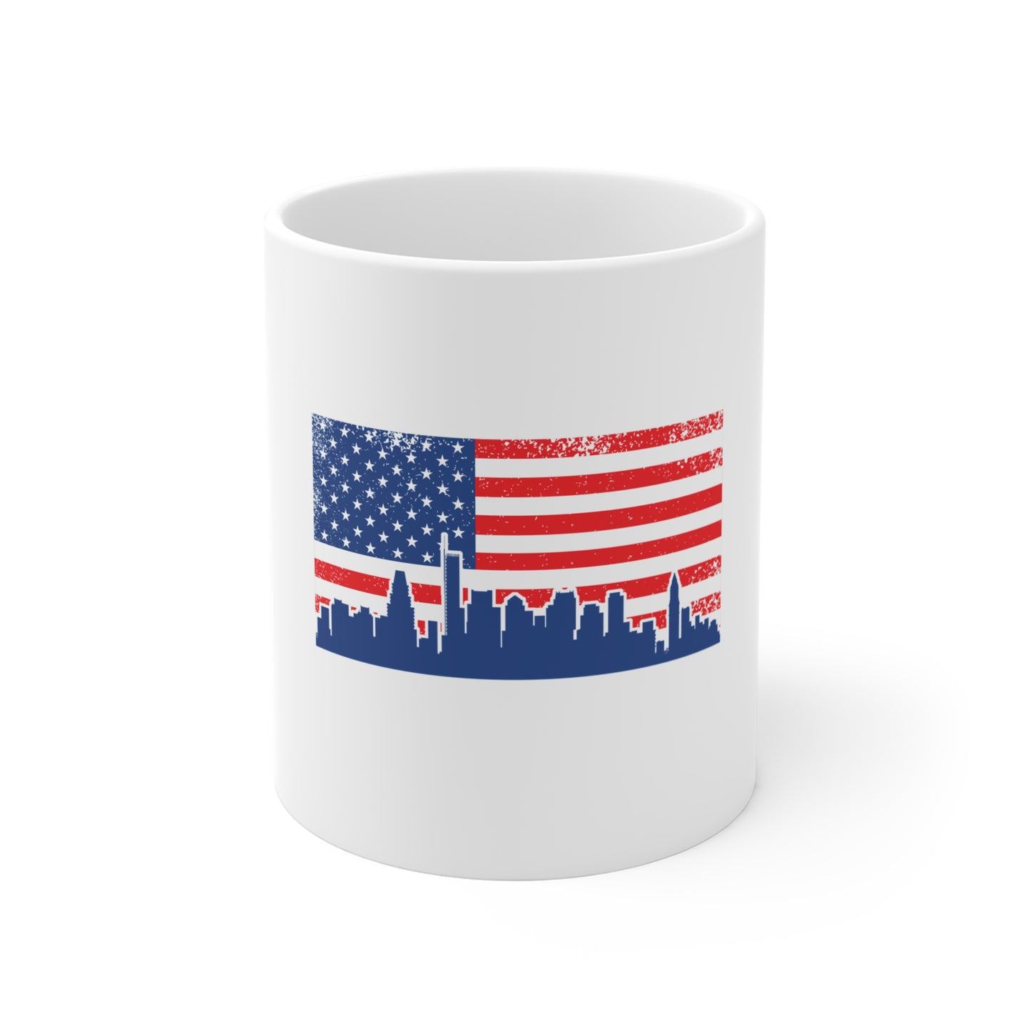American Flag Skyline Mug — Patriotic USA Cityscape Coffee Cup (11oz)