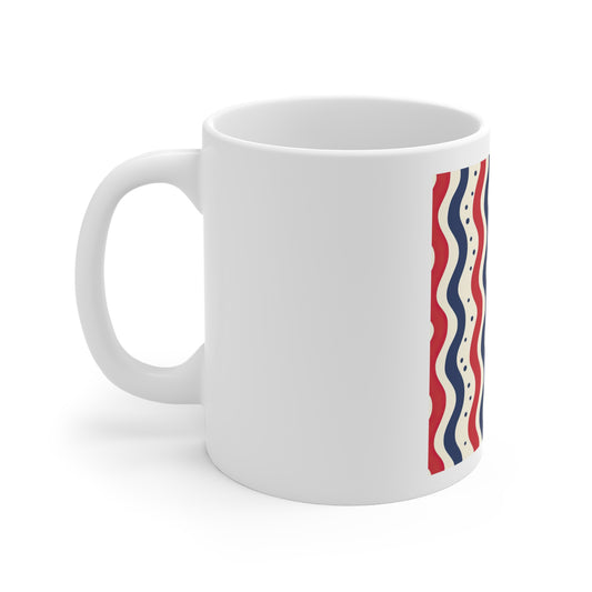 Retro Wavy Stripe Coffee Mug – Patriotic Dot Stripe Mug – Red White Blue Vertical Wave Cup – Americana Pattern Mug Patriotic Red White & Blue Wavy Stripe Mug – 11oz Americana Coffee Cup