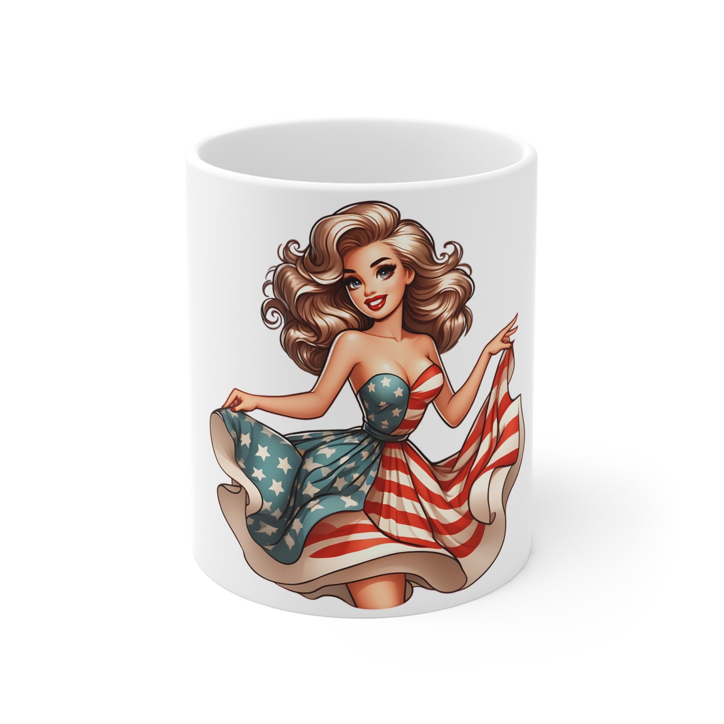 Patriotic Pin-Up Dress Coffee Mug โ Vintage Americana Woman Mug โ Retro USA Flag Skirt Cup โ Classic American Beauty Mug โ Fourth of July Gift Patriotic Pin-Up Girl Mug โ 11oz American Flag Vintage...