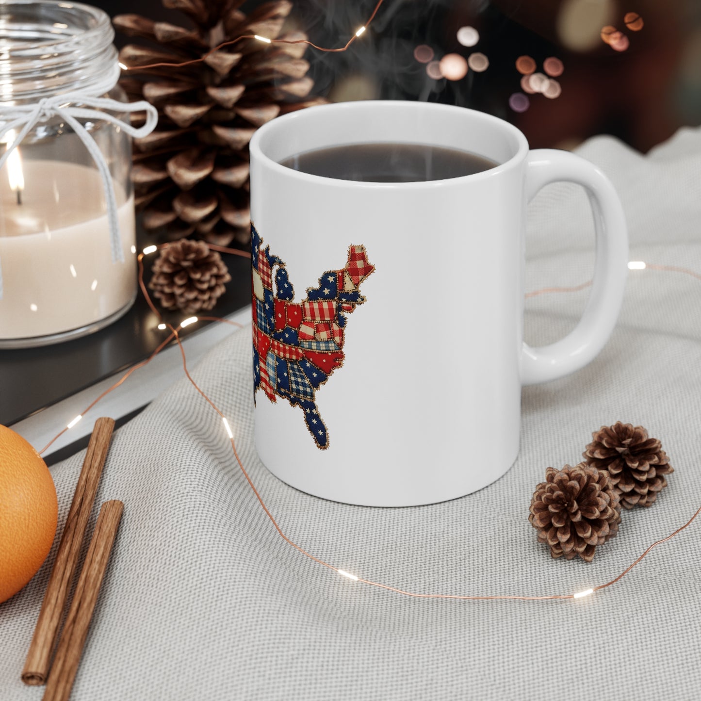 Patriotic USA Patchwork Mug - 11oz American Flag Map Coffee Cup