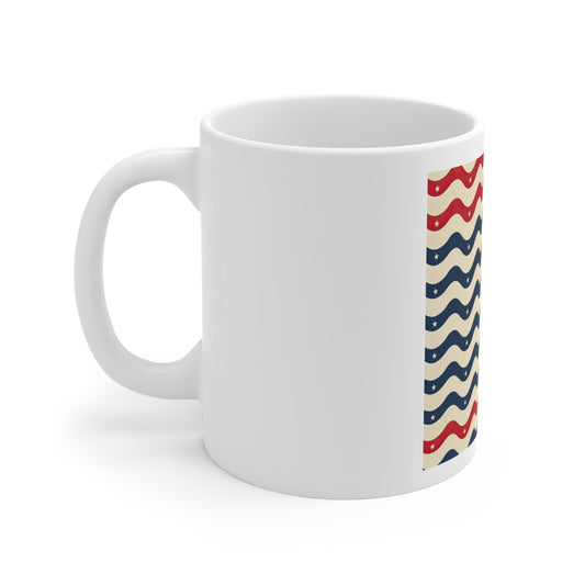Wavy Patriotic Stripe Coffee Mug – Retro Americana Wave Pattern Mug – Red Blue Star Wave Cup – Modern USA Design Mug 11oz Ceramic Mug — Retro Red & Navy Wavy Stripes (Patriotic Accent)