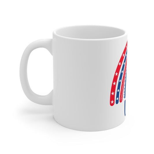 USA Gnome Coffee Mug – Whimsical Patriotic Rainbow Gnome Design – Cute Red White Blue Mug – 4th of July Gift Mug 11oz