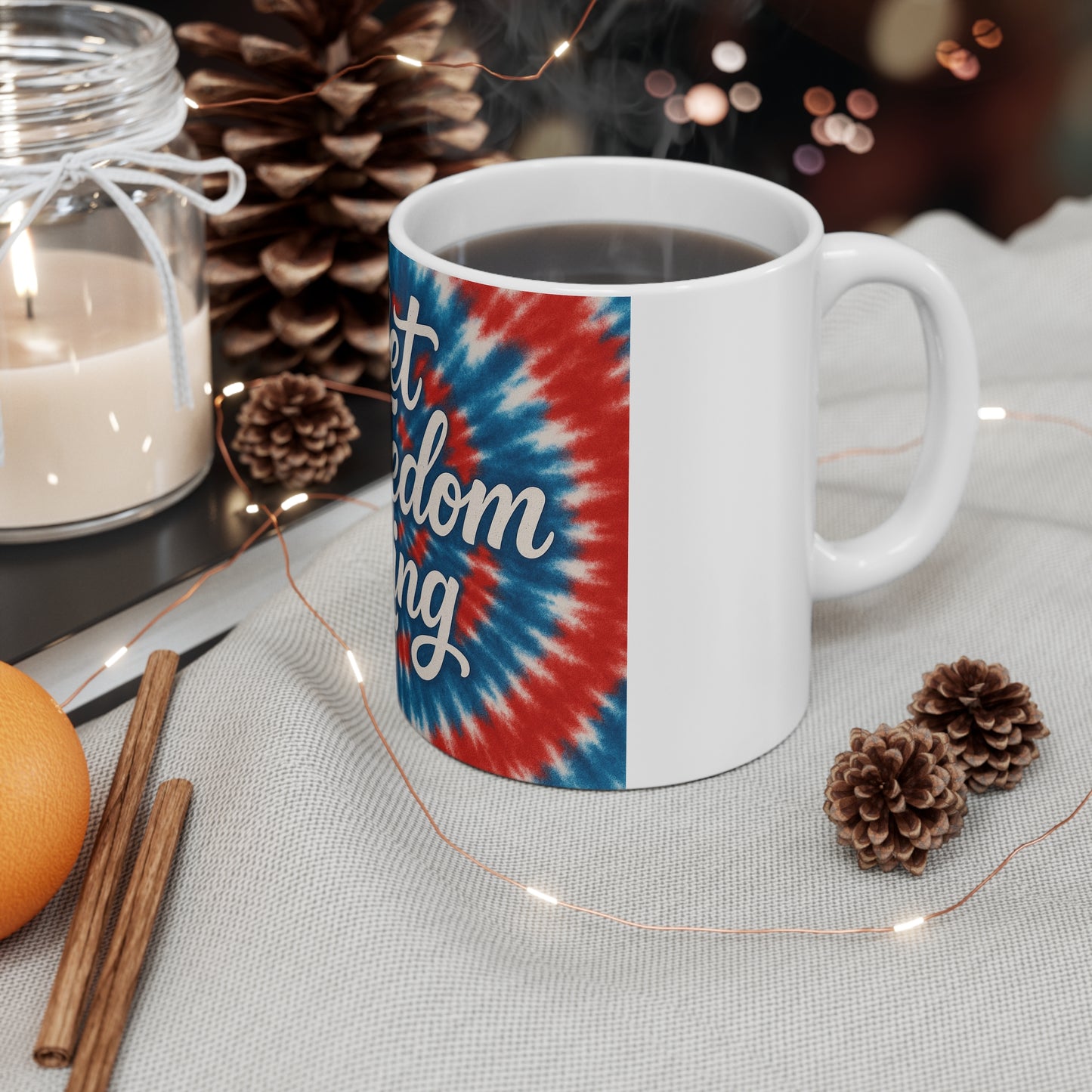 Let Freedom Ring Coffee Mug – Patriotic Tie Dye Mug – Retro USA Freedom Mug – 4th of July Hippie Style Mug 11oz