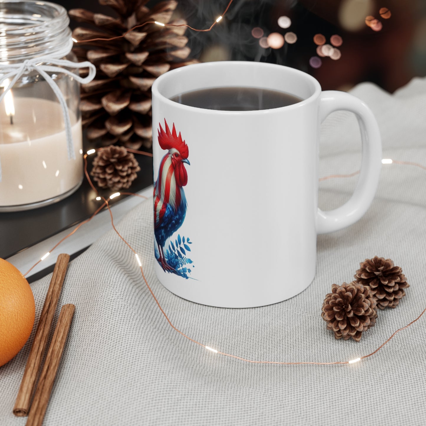 Patriotic Rooster Coffee Mug – Watercolor American Flag Chicken Mug – Red White Blue Farmhouse Rooster Cup – USA Gift Patriotic Rooster Coffee Mug — American Flag Rooster 11oz