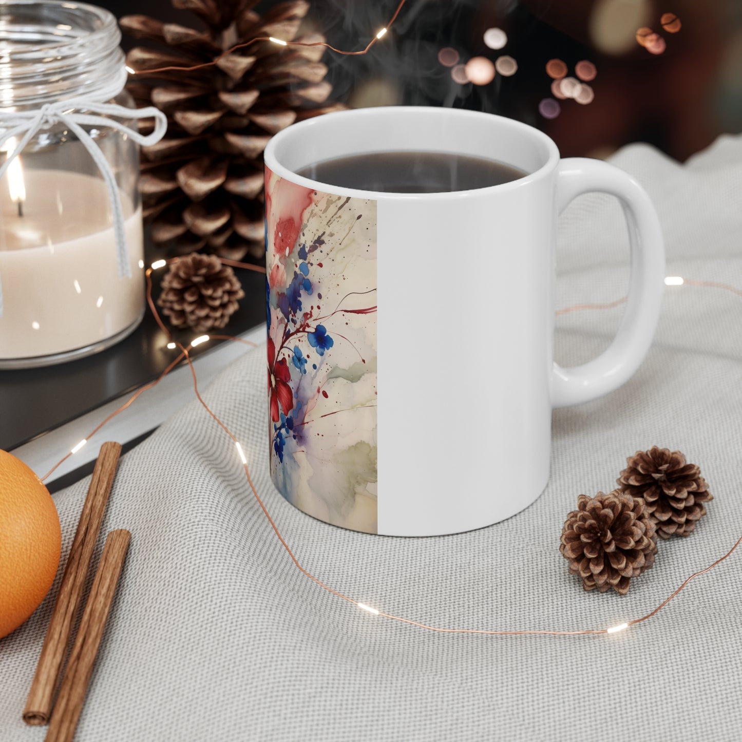 Patriotic Blue Flower Coffee Mug – Red Blue Watercolor Floral Mug – Artistic Americana Blossom Cup – Elegant Botanical Gift Mug Blue & Red Watercolor Floral Mug - 11oz Ceramic Coffee Cup