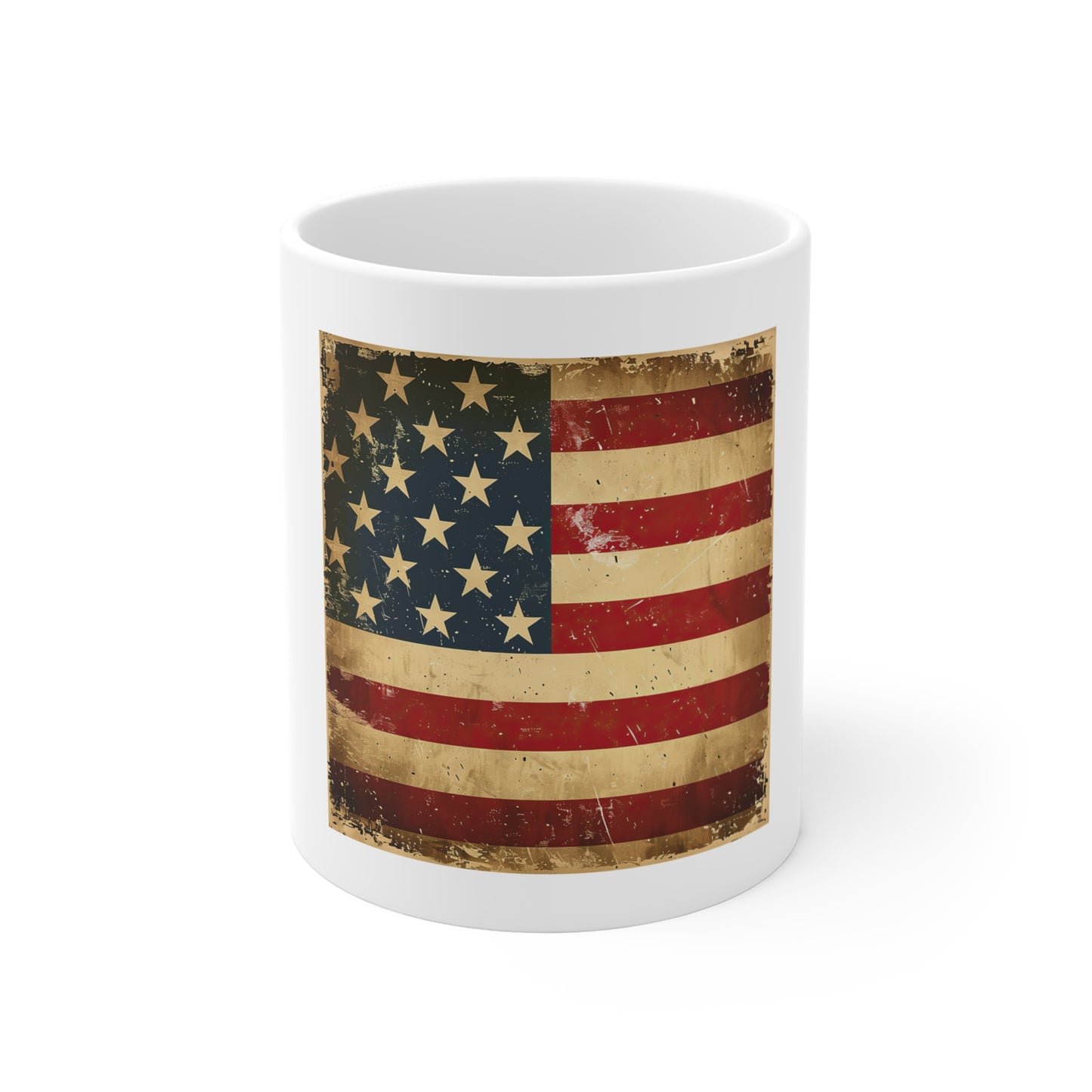 Vintage American Flag Coffee Mug – Antique Patriotic USA Mug – Warm Distressed Stars & Stripes 11oz Ceramic Cup – Classic Americana Gift