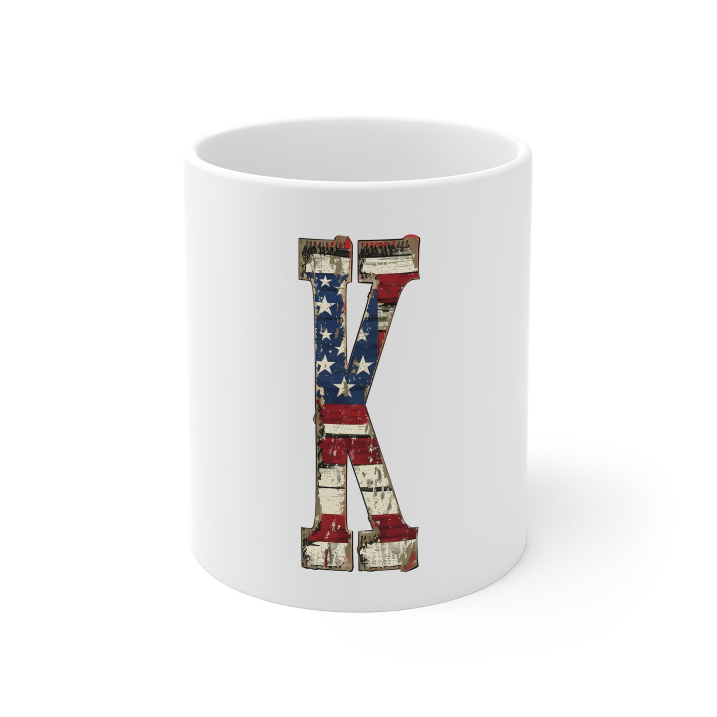 Patriotic Letter K Coffee Mug – American Flag Initial Mug – Rustic USA Monogram Mug – Vintage Americana Alphabet Gift Mug 11oz