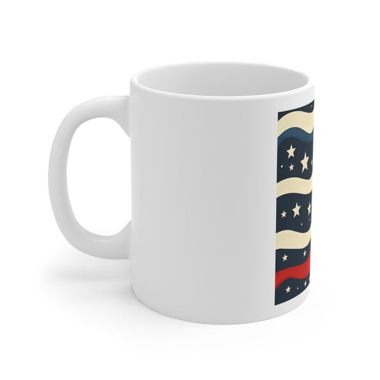 Vintage Navy Wave Star Coffee Mug – Retro Patriotic Wave Mug – Americana Star Pattern Cup – Classic USA Navy & Cream Mug Patriotic Wavy Stars 11oz Coffee Mug — Red White Blue Americana Design
