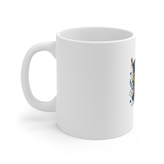 American Flag Floral Mug - Patriotic 11oz Coffee Cup (Stars & Stripes Bouquet)