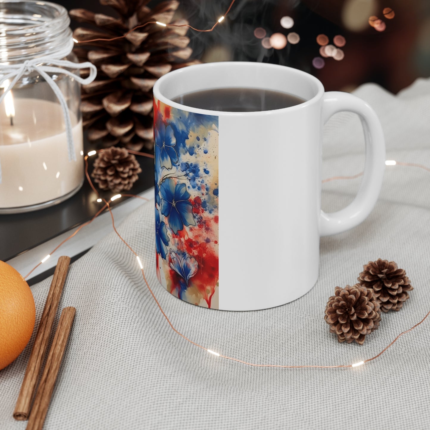 Patriotic Blue Floral Coffee Mug – Watercolor Splash Flower Mug – Red White Blue Artistic Bloom Cup – Americana Art Mug Blue & Red Watercolor Floral Mug — 11oz Artistic Flower Coffee Cup