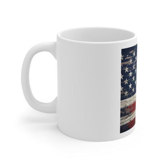 Scraped Barnwood American Flag Coffee Mug – Weathered USA Flag Mug – Rustic Distressed Wood Grain Patriotic Cup – Vintage Americana Mug Rustic American Flag Mug — Vintage USA 11oz Coffee Cup