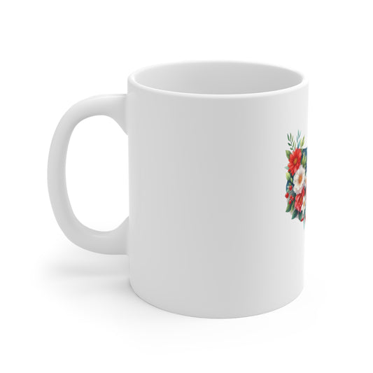 Patriotic USA Floral Map 11oz Mug – American Flag with Red Bow & Flowers, 4th of July Coffee Cup