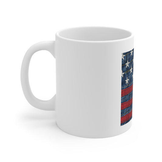 American Flag Denim Coffee Mug – Patriotic Jeans Stitch Mug – USA Flag Cup – Rustic Americana Gift – Country Style Mug 11oz Ceramic
