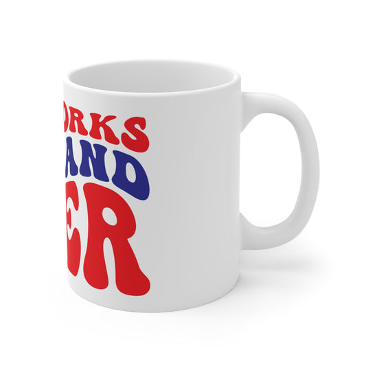 Fireworks Food and Beer Coffee Mug – Funny 4th of July Mug – Patriotic BBQ Humor Cup – Retro Americana Party Mug Mug 11oz