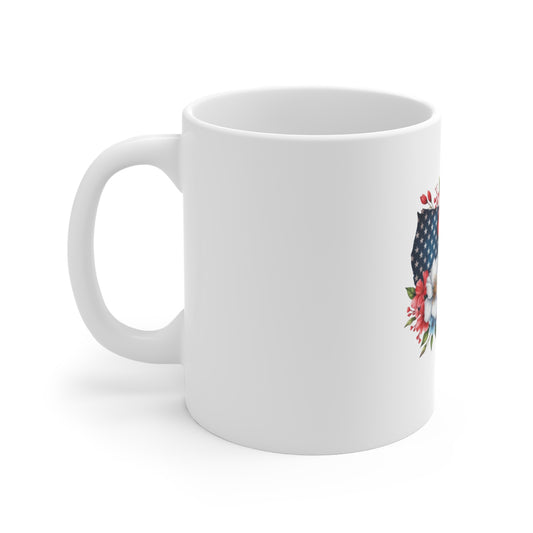 Patriotic USA Floral Map Mug — American Flag with Red & White Flowers, 11oz