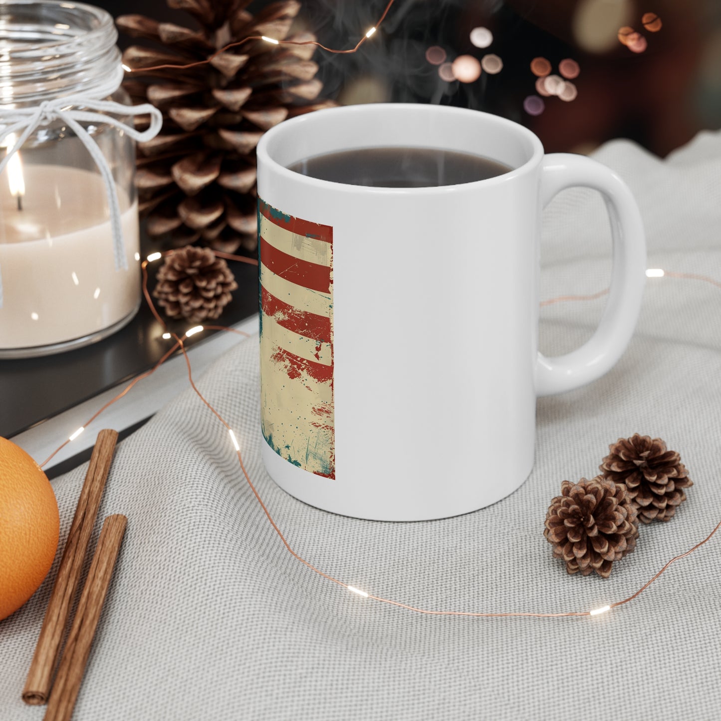 Vintage American Flag Coffee Mug – Distressed Patriotic USA Mug with Clean Minimal Design – 11oz Ceramic Cup – Classic Americana Gift