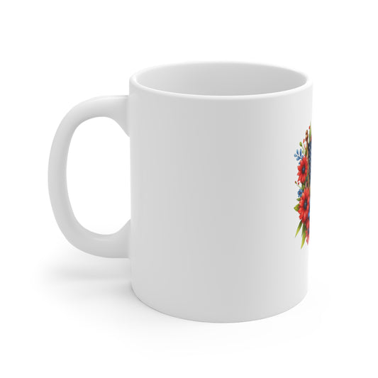 American Flag Floral Mug — Patriotic 11oz Coffee Cup