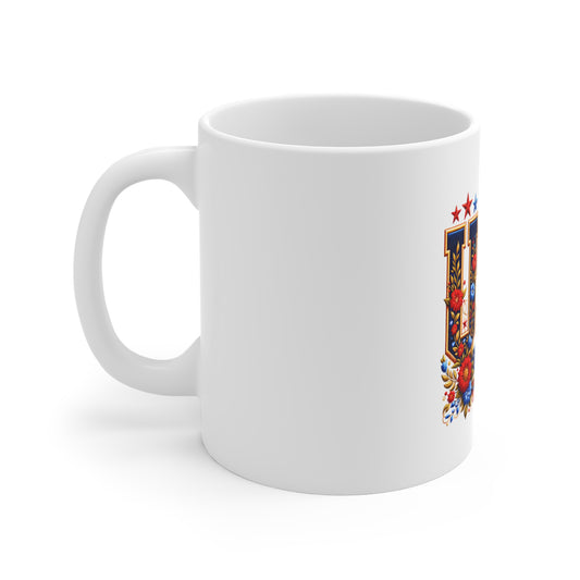 USA Floral Flag Mug — Patriotic 11oz Coffee Cup for 4th of July & Veterans Day
