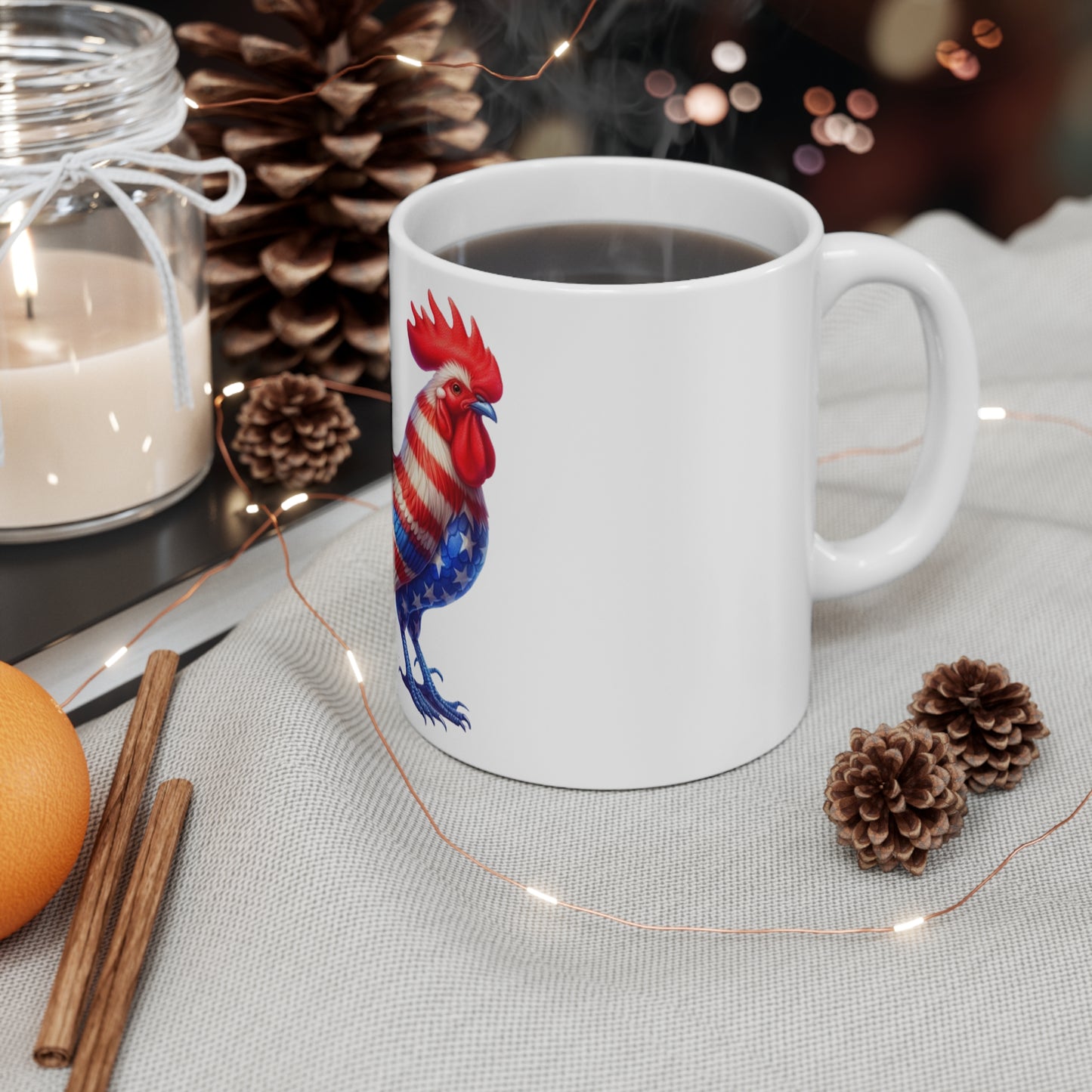 Patriotic Rooster Coffee Mug – American Flag Feather Rooster – Red White Blue Farmhouse Mug – Bold USA Pride Gift Patriotic Rooster Coffee Mug — American Flag 11oz Ceramic Mug