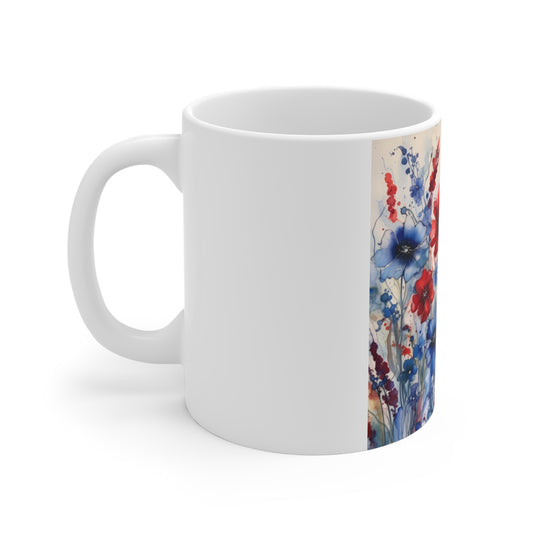 Patriotic Watercolor Floral Coffee Mug – Red Blue Wildflower Mug – Artistic Americana Bloom Cup – Abstract Botanical Gift Mug 11oz Red & Blue Floral Mug — Watercolor Poppy Coffee Cup