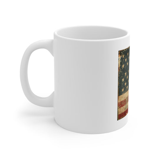 Vintage Flowing American Flag Coffee Mug – Distressed Retro USA Flag Mug – Worn Americana Stripe Design – Classic Patriotic Gift Vintage American Flag Mug - Patriotic 11oz Coffee Cup