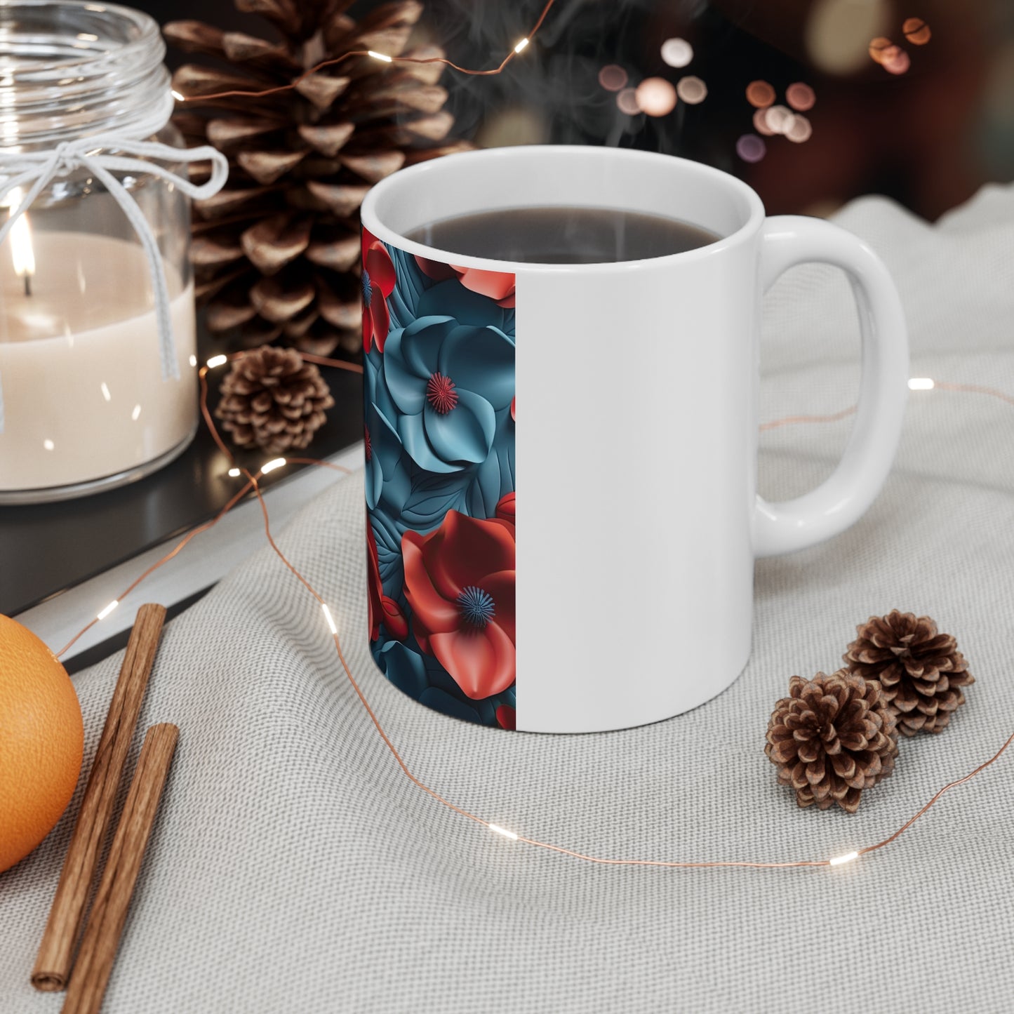 Patriotic 3D Floral Coffee Mug β Red Blue Sculpted Flower Mug β Modern Layered Botanical Cup β Bold Americana Design Mug 11oz Ceramic Mug β Red & Teal Floral Pattern