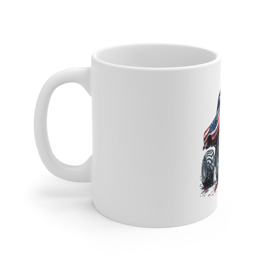 Patriotic Monster Truck Coffee Mug – American Flag Lifted Truck Mug – Rugged USA Off-Road Design – Bold Americana Gift Mug 11oz