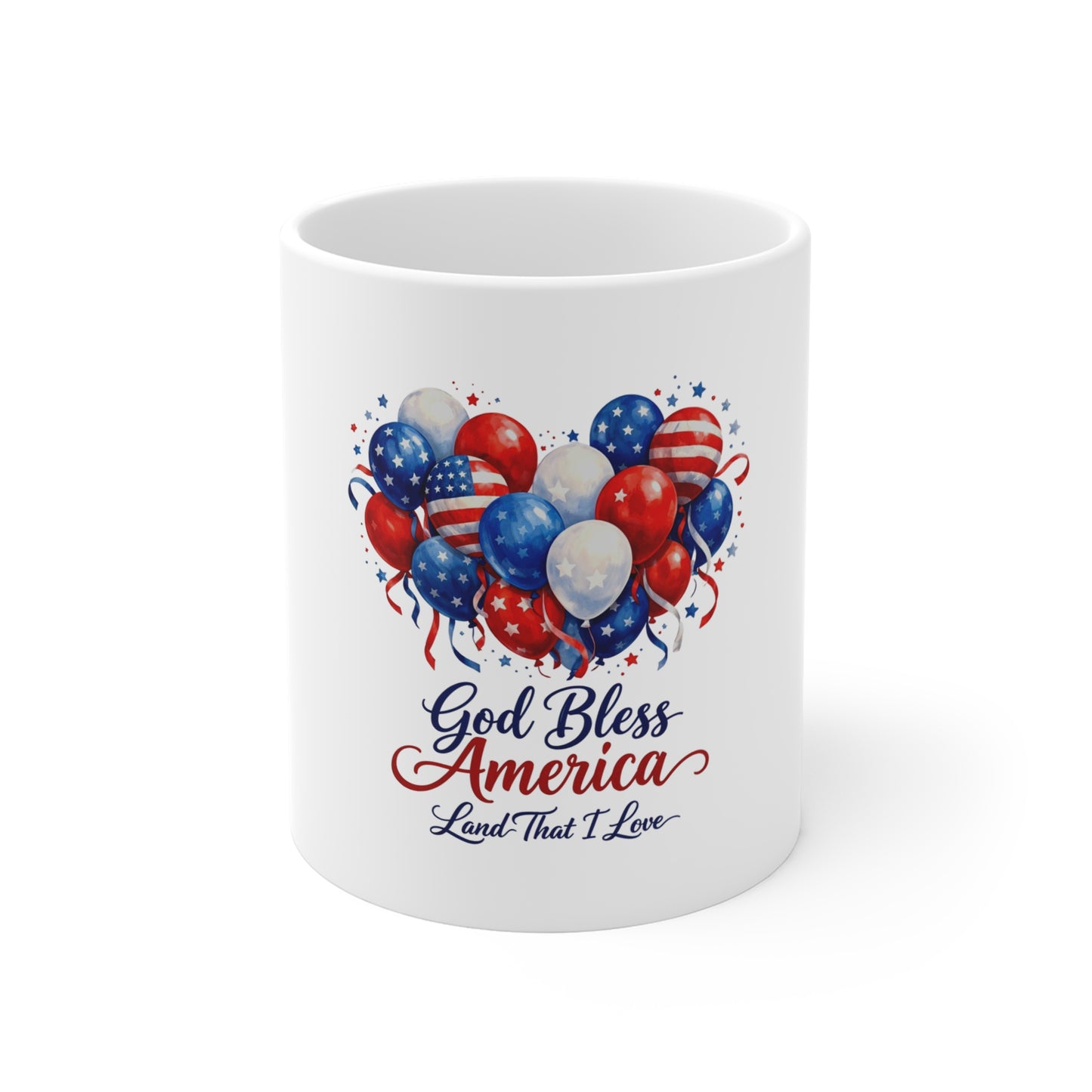 God Bless America 11oz Mug – Patriotic Red, White & Blue Balloon Heart Coffee Cup (Fourth of July)