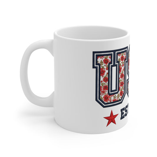 USA Est 1776 Patriotic Floral Coffee Mug – Red White Blue Flower Mug – Vintage Americana Botanical Cup – Elegant 4th of July Gift Mug 11oz