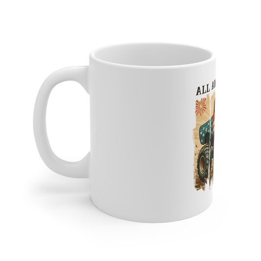 All American Boy Monster Truck Mug – Patriotic Truck Coffee Cup – Vintage USA Off-Road Design Mug 11oz