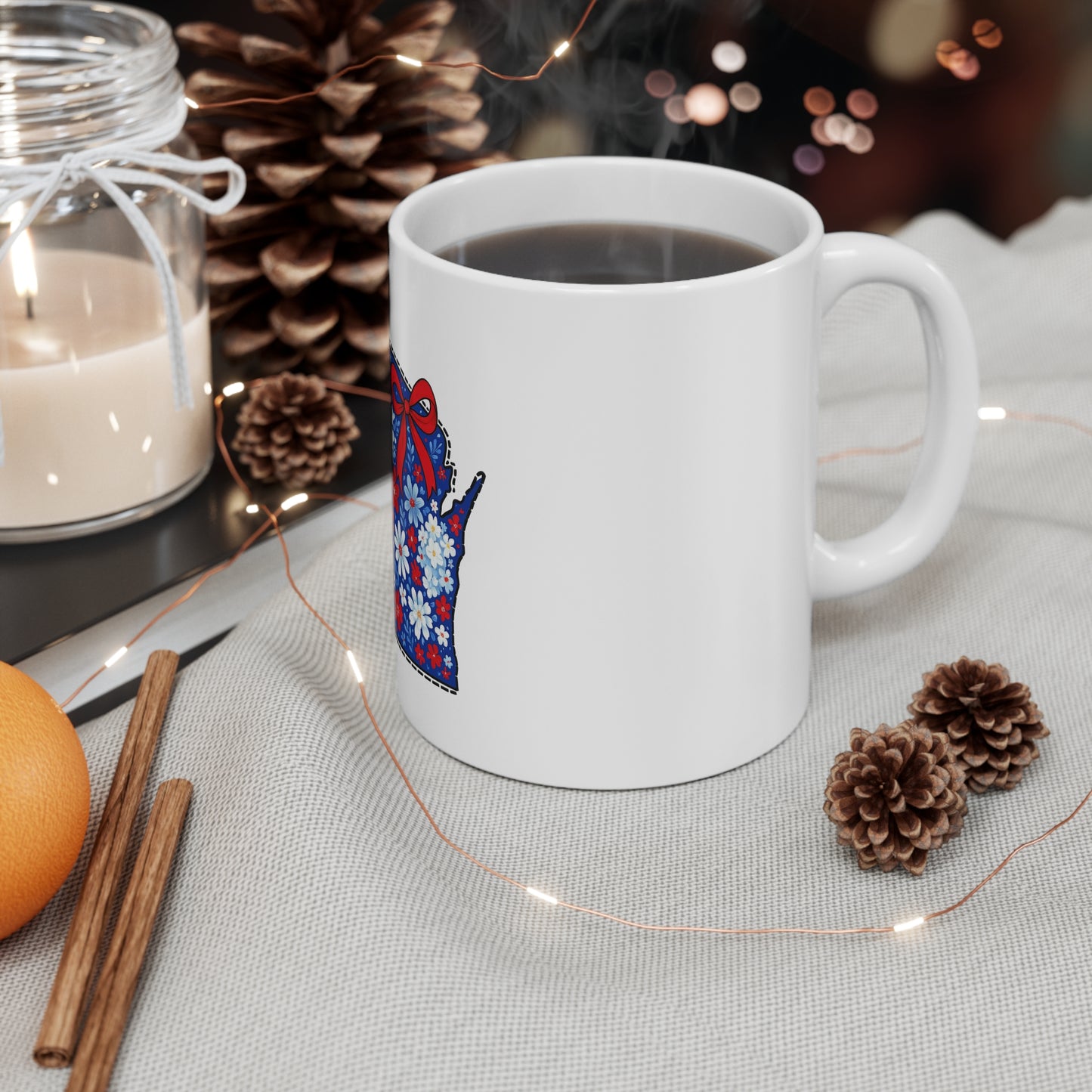 Wisconsin Floral State Mug — 11oz Patriotic Red, White & Blue Coffee Cup