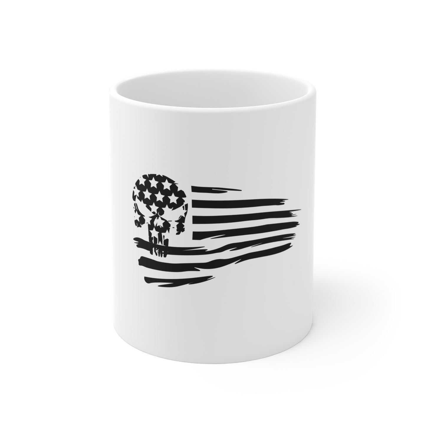 Black Punisher Skull American Flag Coffee Mug – Distressed USA Skull Flag Mug – Tactical Style Patriotic Cup – Rugged Americana Gift Mug 11oz