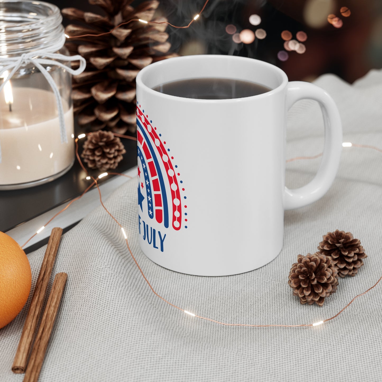 4th of July Coffee Mug – Patriotic Rainbow Stars Design – Red White Blue Independence Day Mug – USA Celebration Cup Mug 11oz