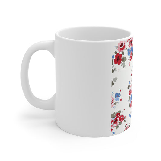 Vintage Patriotic Floral Coffee Mug – Red White Blue Rose Mug – Shabby Chic Americana Cup – Soft Garden Bouquet Mug Floral Vintage Rose 11oz Ceramic Mug
