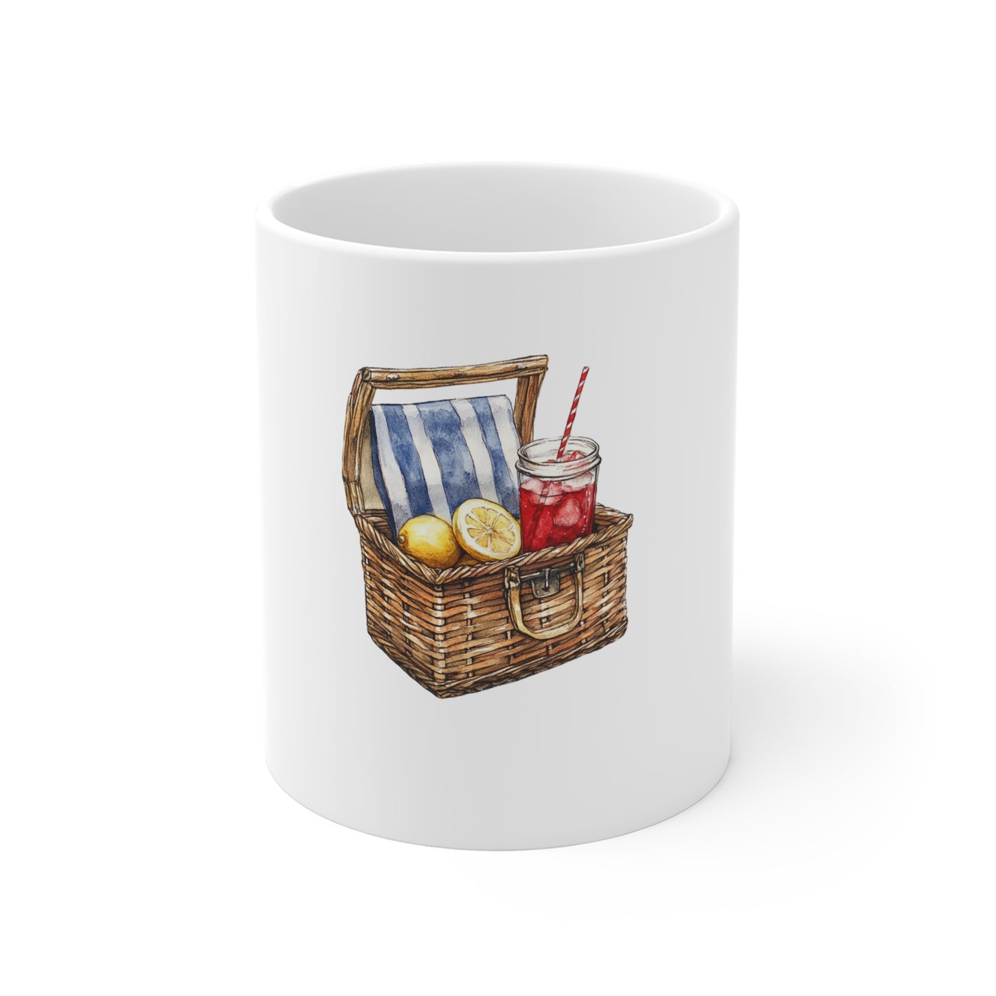 Summer Picnic Basket Ceramic Mug — 11oz Coffee Cup with Lemonade Illustration