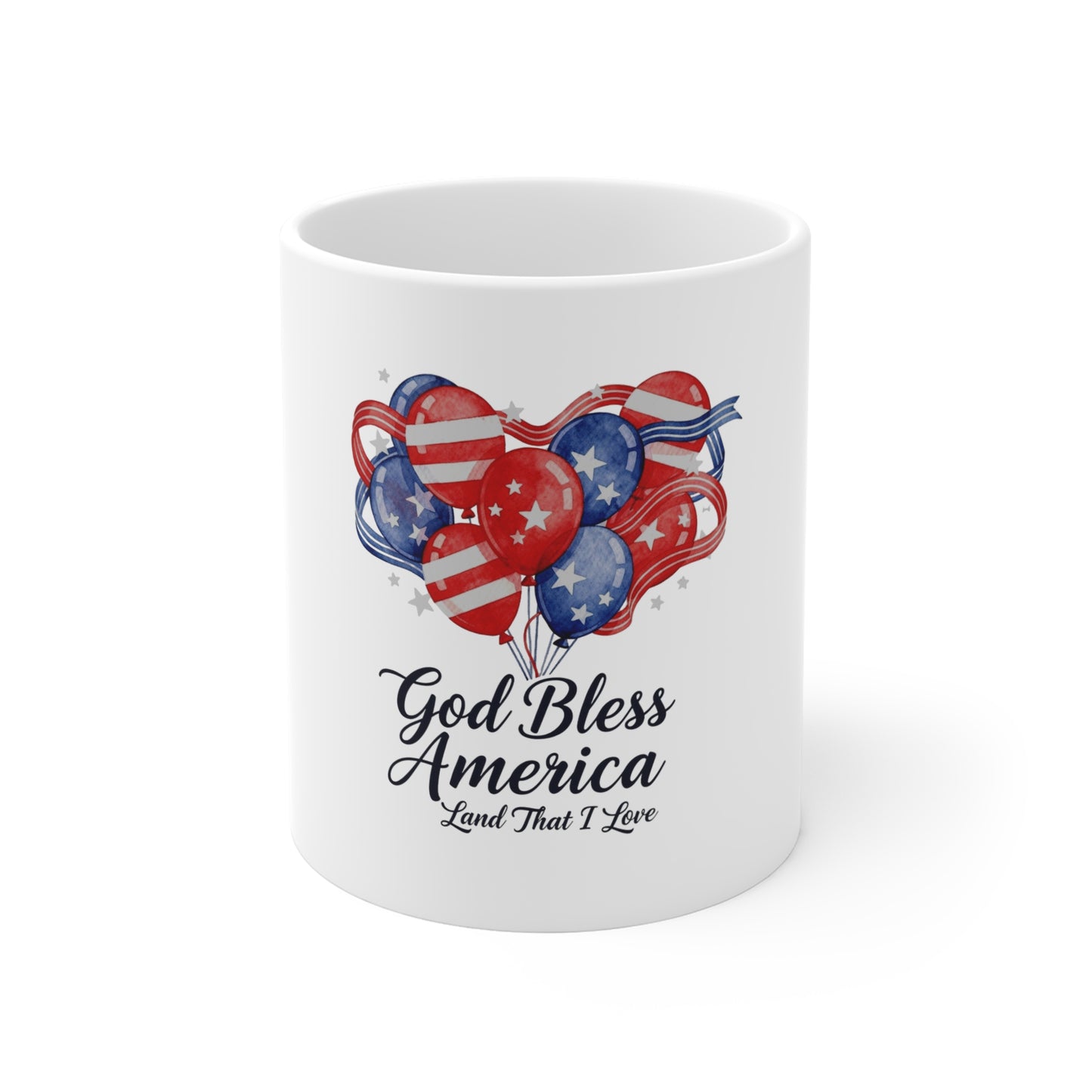 God Bless America 11oz Mug — Patriotic Stars & Stripes Balloon Design