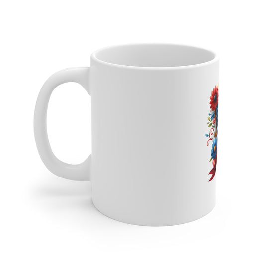 Patriotic Floral Flag Mug — American Flag Coffee Mug with Red, White & Blue Flowers (11 oz)