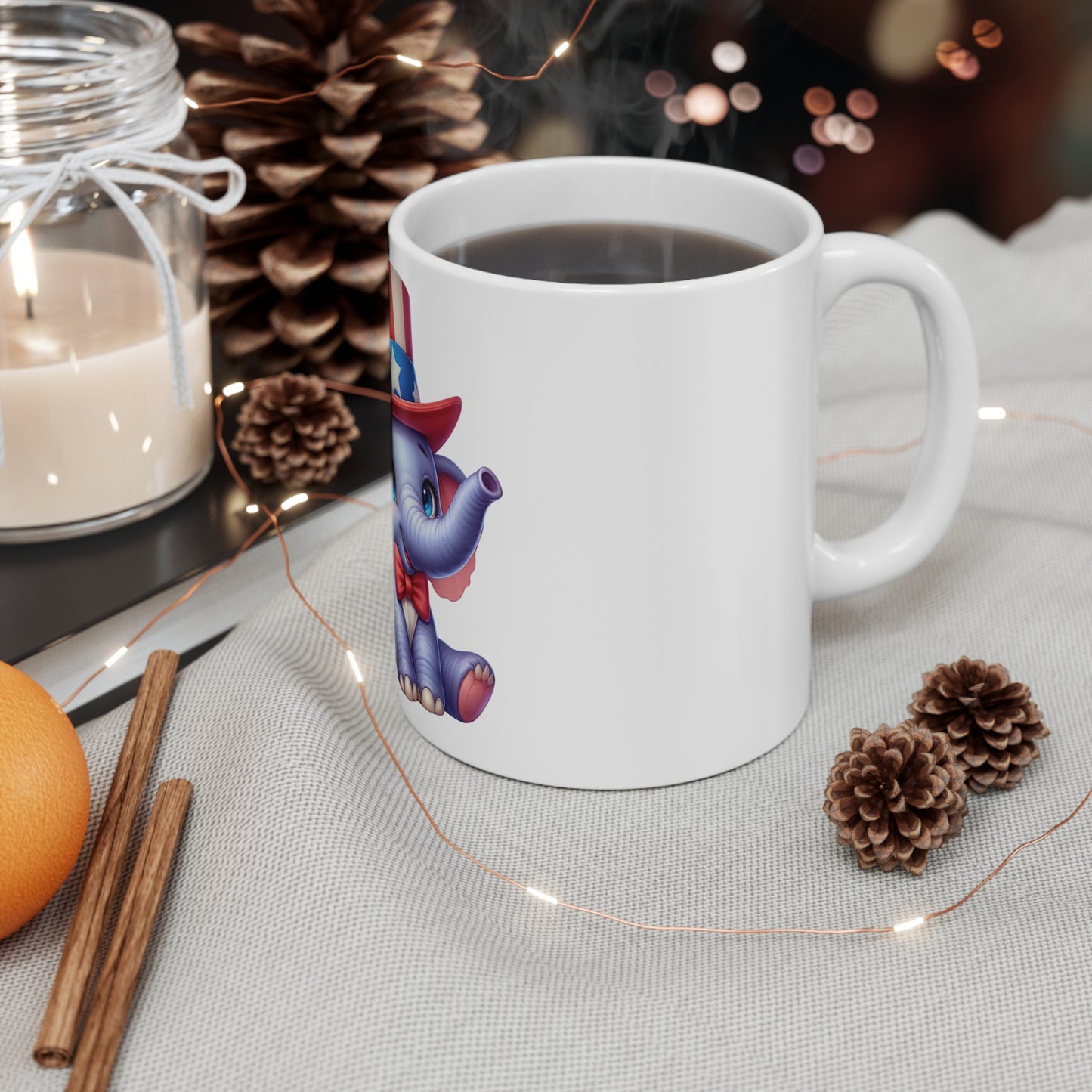 Cute Patriotic Elephant Coffee Mug β Baby Elephant Uncle Sam Hat Mug β Kawaii USA Animal Mug β Red White Blue Gift Cup 11oz
