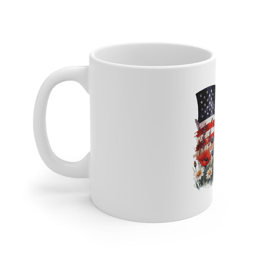 American Flag Floral Mug — Patriotic Wildflower 11oz Coffee Cup