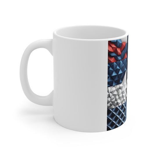 Abstract 3D Patriotic Coffee Mug – Red White Blue Geometric Mug – Modern Americana Design – Bold Textured Art Mug Patchwork Patriotic 11oz Mug – Red White Blue Geometric Quilt Design